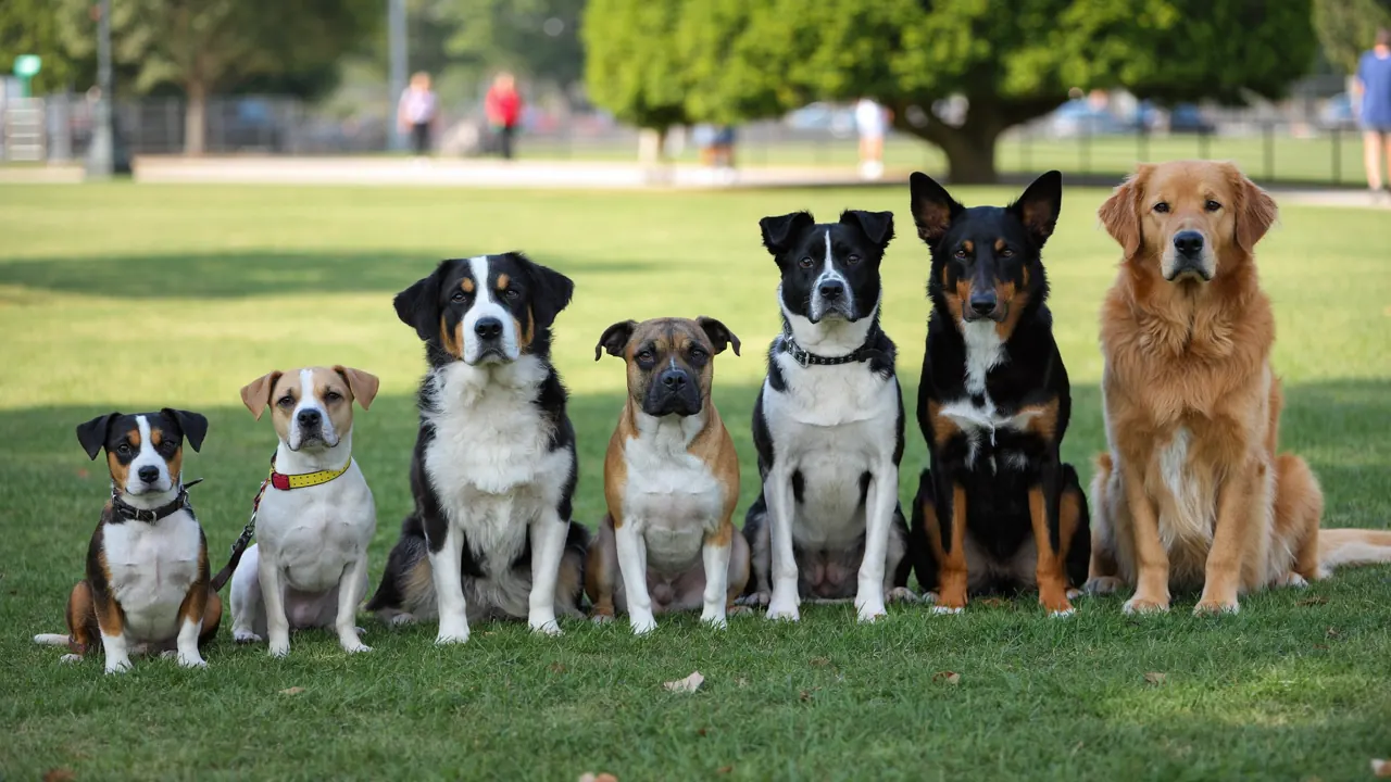 Sept chiens de tailles et de races différentes, assis côte à côte dans un parc